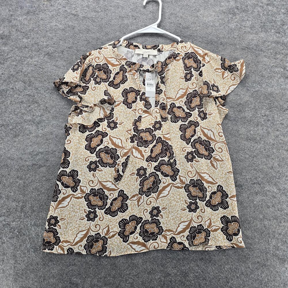 LOFT Shirt Womens Small Tan Brown Floral Ruffle Sleeve Blouse Top New Tags